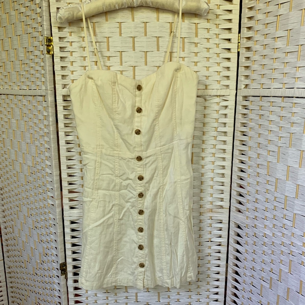 Urban Outfitters Cream Linen Button Front Mini Dress